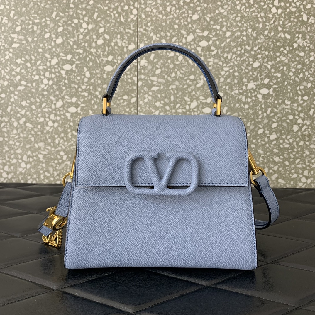 Valentino Garavani Vsling Small Handbag in Porcelain Blue Grainy Calfskin